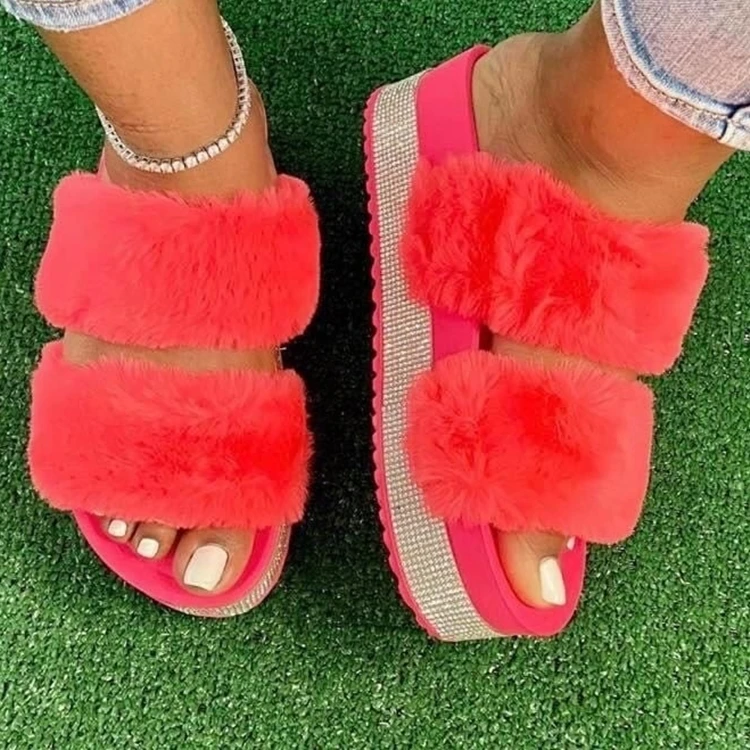 

Hot Sale Rhinestone Fluffy Fur Slides Shoes Thick Sole Sandals Women Summer Furry Slippers, Black , red , yellow