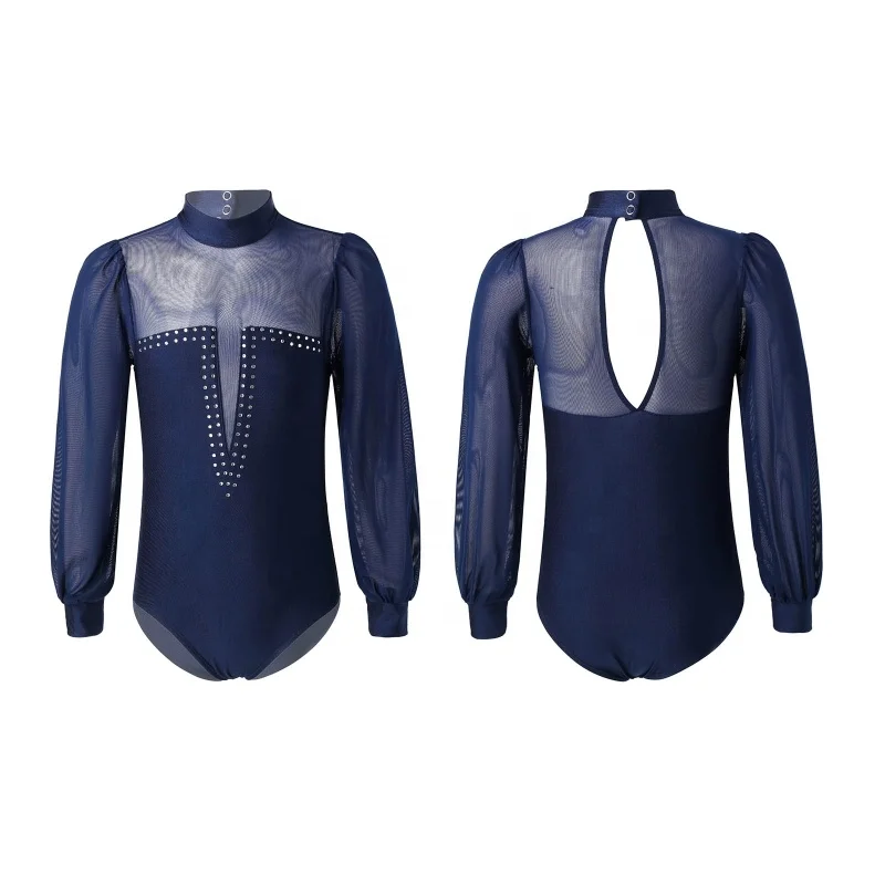 

New Design Girls Mesh Long Sleeve Glittering Skating Dance Gymnastics Leotard Bodysuit