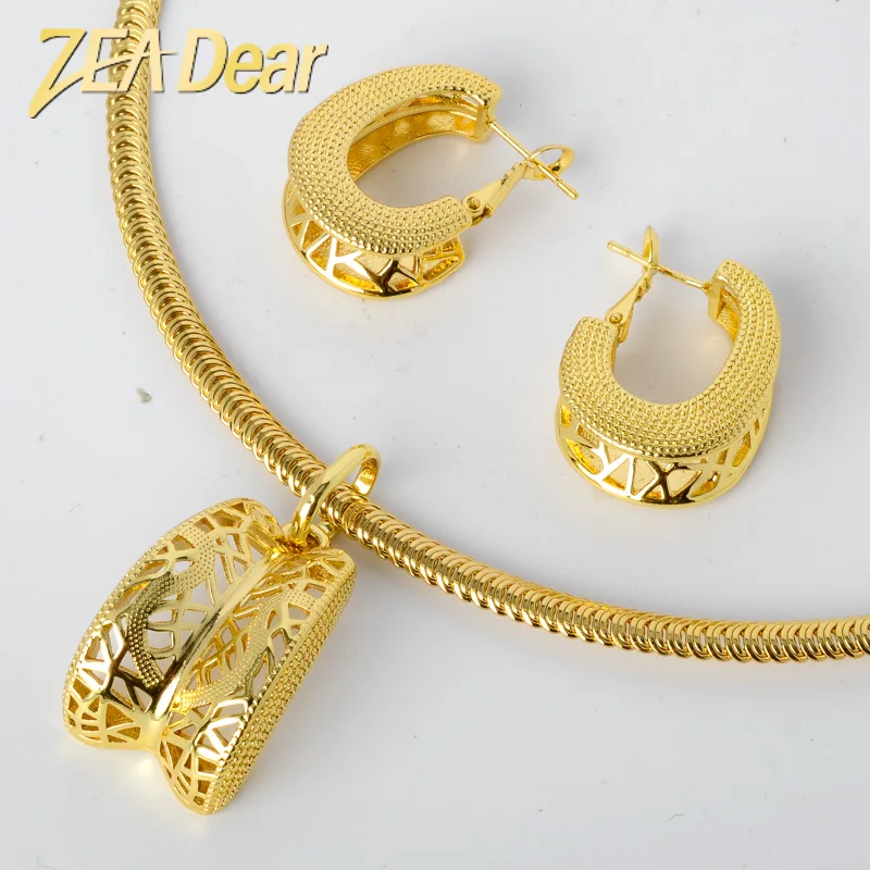 

Hot Selling Brazil Gold Luxury Copper Bridal Jewelry Set earrings and necklaces for women, Gold color