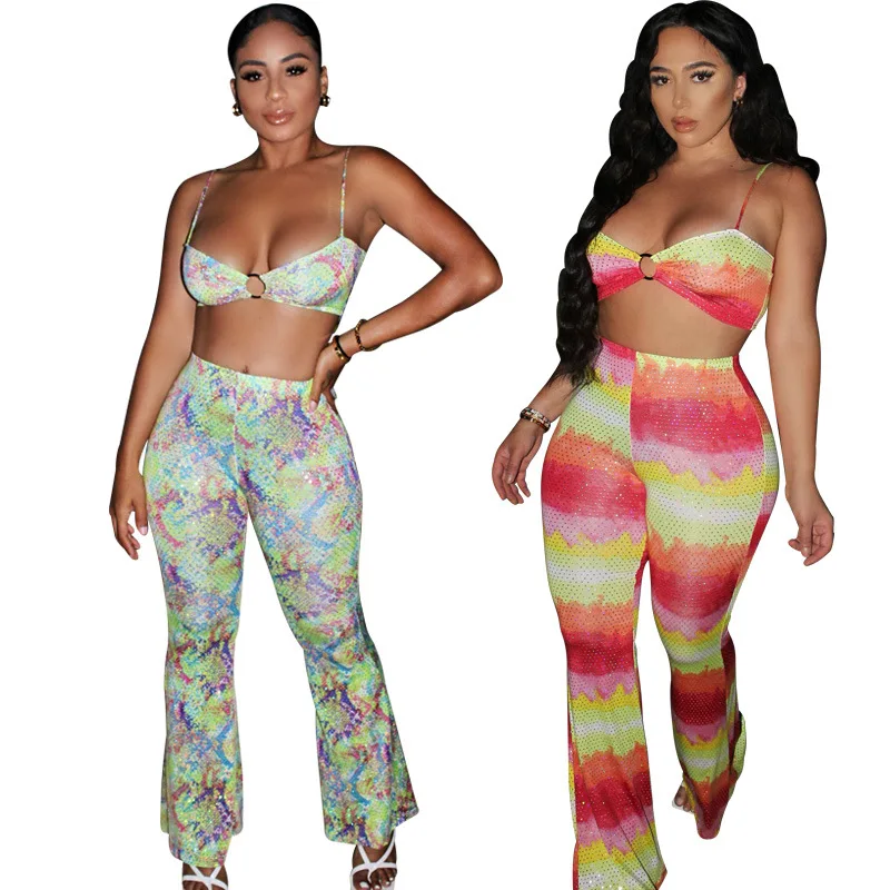 

2021 Lady 2 Piece Short Suit Sexy Fashion High Waist Casual Strapless V Neck Halter Sets Pleated Tie Dye Print Suit Flared Pants, Picture