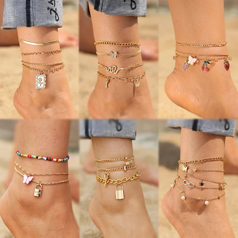 

Fashion Butterfly Snake Turtle Anklet Set layered gold snake chain anklet bracelet summer beach jewelry