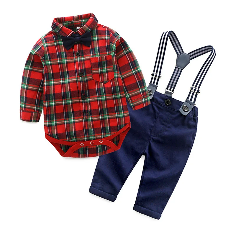 

Lyc-2161 Hot Sale Red Green Plaid Shirt With Suspender Trouser Gentlemen Clothing Set Kids Autumn, Picture shows