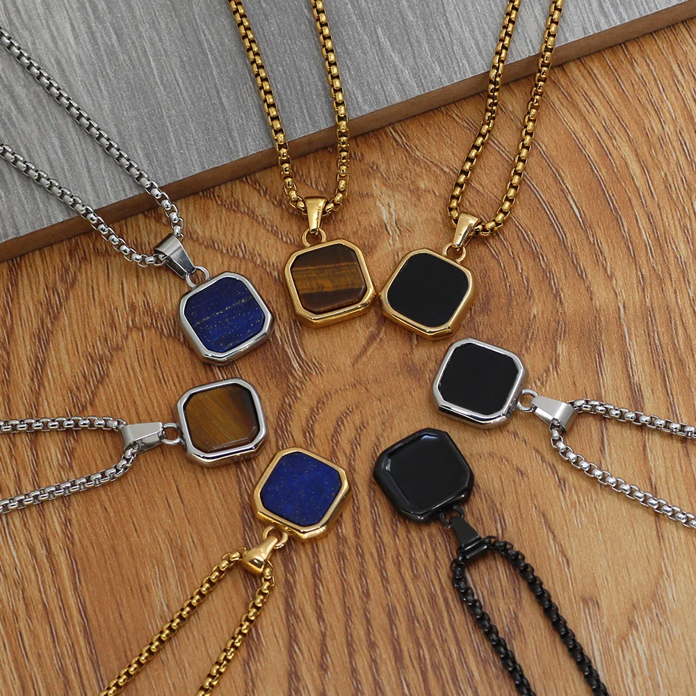 

18k Gold Plated Jewelry Necklace Custom Men Multicolor Square Blue Turquoise Stainless Steel Natural Stone Gemstone Necklace