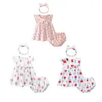 

High Quality Smocked Dress Baby Cotton Fruit Printed Baby Kids Dress Set Summer Toddler Boutique Clothing With Bloomer Hairband