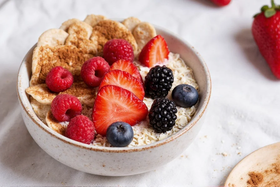 Healthy breakfast bowl with oats, berries, and cinnamon sprinkle