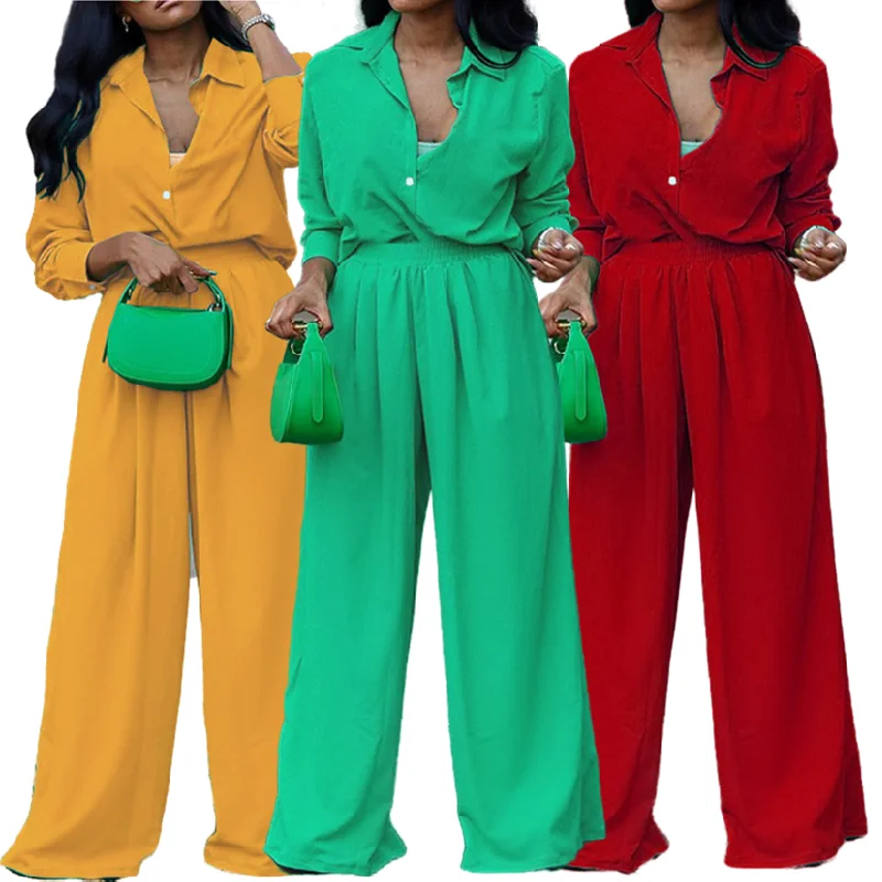 

FD685 High Quality Women Solid Color Casual Pants And Cardigan Shirt Set For Women Wide Leg Pants Set Women 2 Piece Pants Set