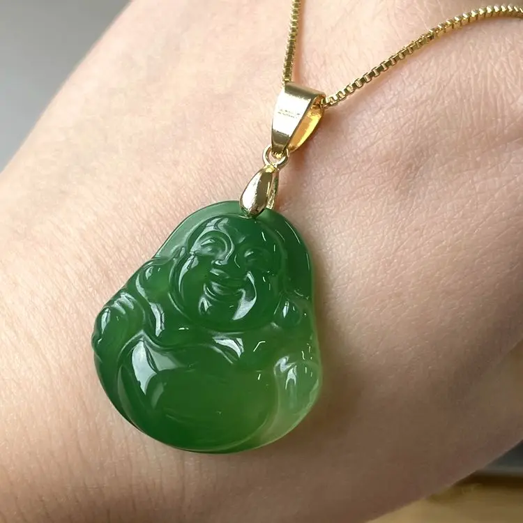 

Green buddha necklace pink mini jade buddha Maitreya pendant