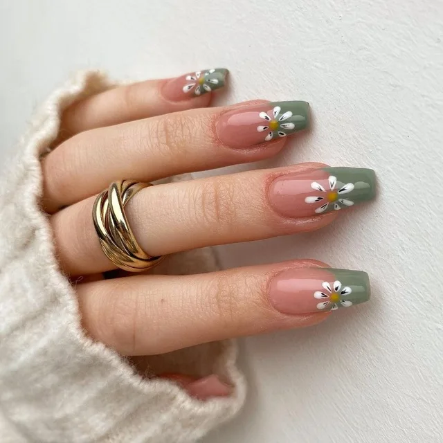 

24pcs press on nail pink false nail flower print middle ballet nail green pointed detachable artificial fingernail