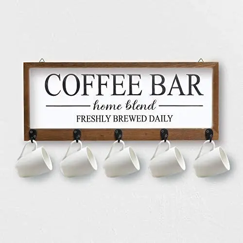 

JUNJI Personalized Rustic Coffee Mug Holder Farmhouse Decor Wooden Coffee Station Wall Mounted Coffee Cup Organizer Rack