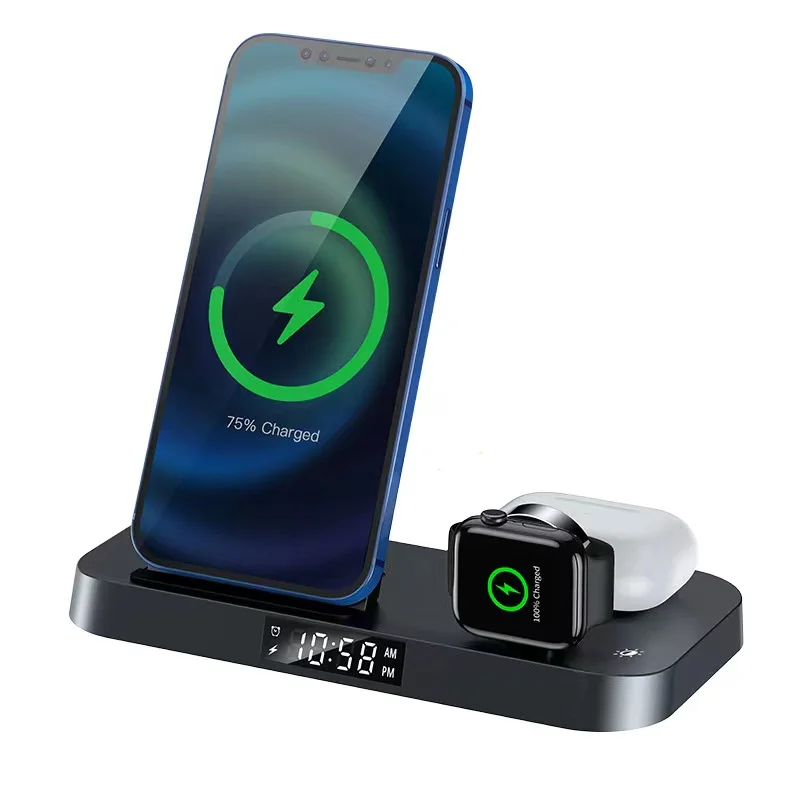 

Amazon Hot Sale Fast Charge 4 In 1 Wireless Charger Alarm Clock Foldable Desktop Wireless Charger Charging Station