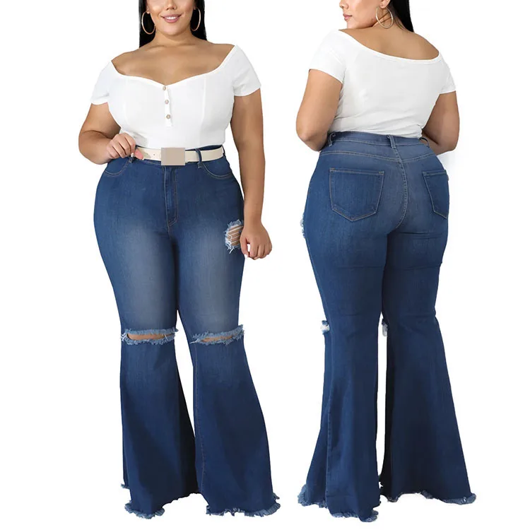 

High waisted fat women flare wide leg pants ripped plus size jeans, Dark blue