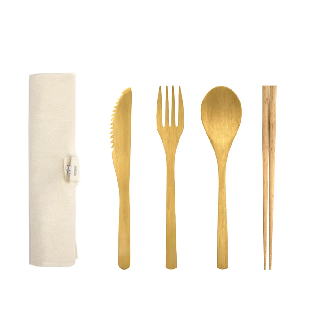 

Spot goods biodegradable spoon fork knife chopstick wooden bamboo travel cutlery set with case