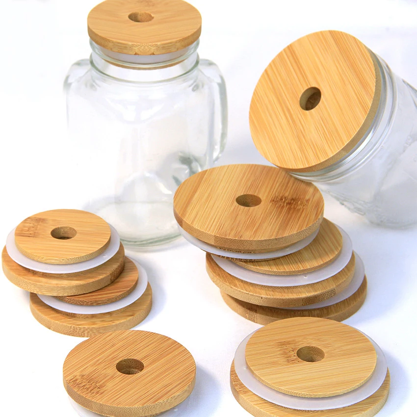 

70mm Diameter Eco-friendly Bamboo Mason Jar Lids for Can with Straw Hole