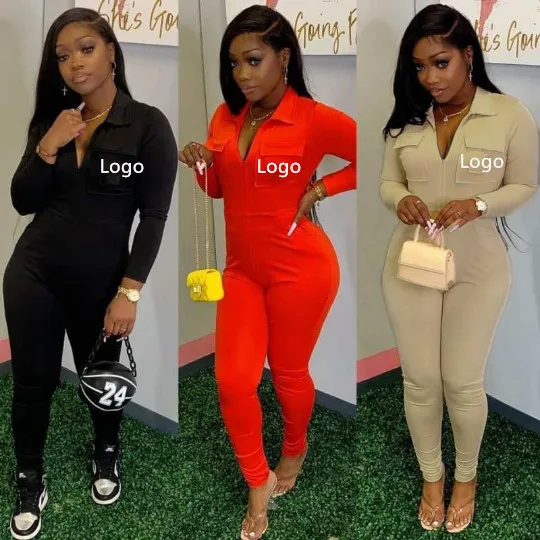 

Spring Fall Popular Solid Color Long Sleeve Jumpsuit With Pockets Sexy Rompers Women Bodycon Custom Logo Designer Jumpsuit, 8 colors