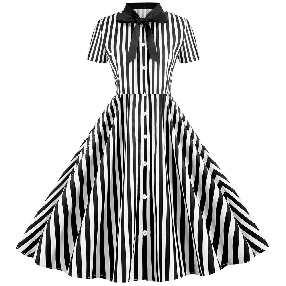 

Stripe short-sleeved summer wear women bow rock party elegant leisure dress 2021 ms office work