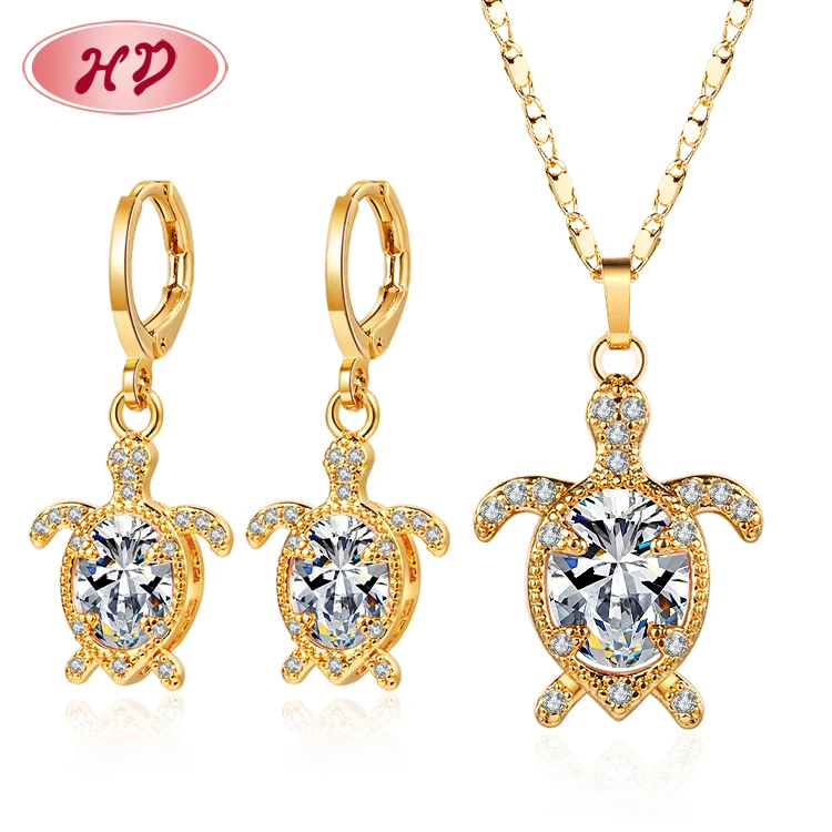 

cubic zirconia jewelry sets factory supply cute big cz turtle tortoise pendant necklace and earrings sets 18k gold plated