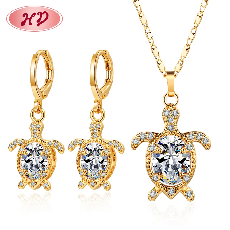 cubic zirconia jewelry sets factory supply cute big cz turtle tortoise pendant necklace and earrings sets 18k gold plated