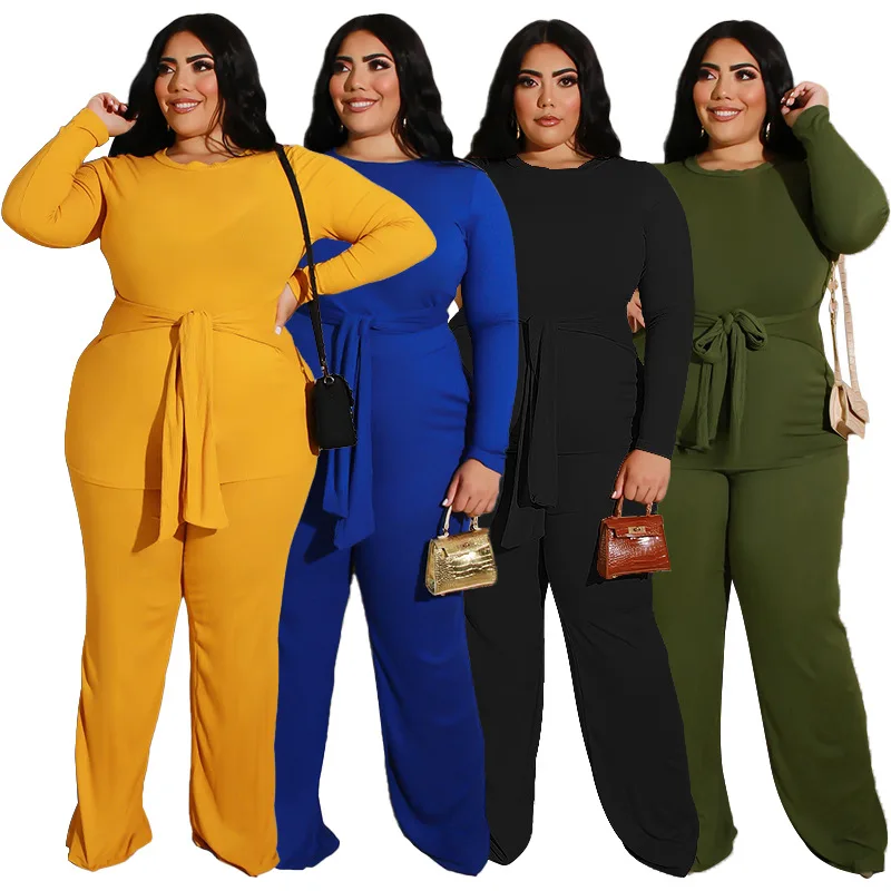 

2021 Fall/Winter New Arrivals High Waist Knit Long Sleeves Pants Plain Causal Plus Size Two Piece Set Women Clothes, 4 different color