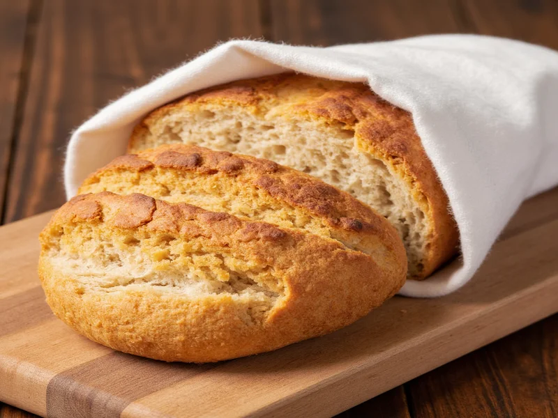 Homemade bread wrapped in cotton kitchen towel on wooden board