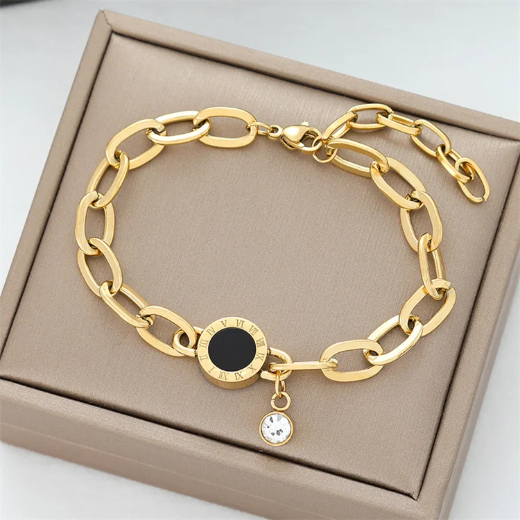 Wholesale Titanium Steel Fashion Diamond Inlaid Zircon 18k Gold Plated Link Chain Roman Numerals Bracelet