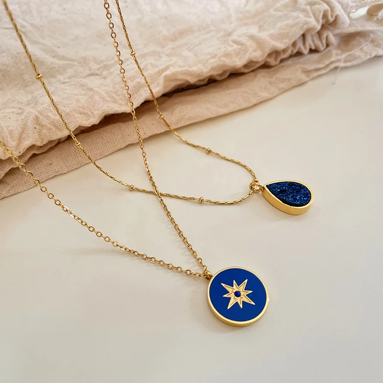 

2 Designs Stainless Steel Blue Zircon Enamel Lava Crystal Necklace Waterdrop Eight Pointed Star Necklaces Vintage Jewelry Hot