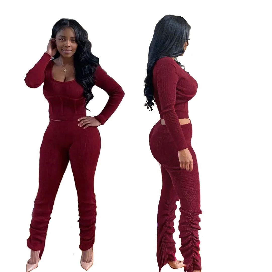 

Hot sales high quality women stacked pants set casual two piece pant set stacked long sleeve crop top stacked pants outfits