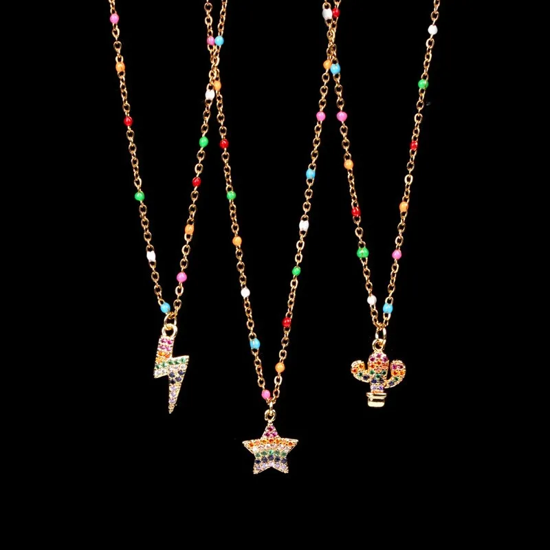 

Stylish Stainless Steel Link Chain Colorful Crystal Rhinestone Cactus Star Necklace Rainbow Zircon Lightning Necklace