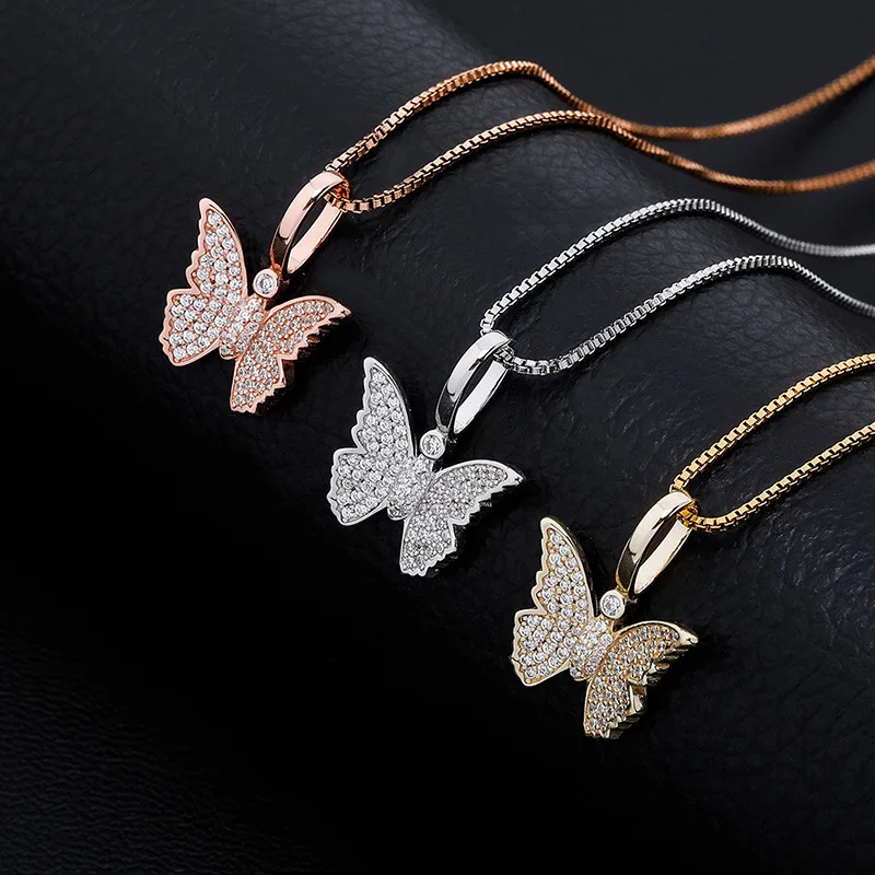 

925 Sterling Silver High Quality Iced Out Cubic Zircon Fashion Butterfly Pendant Hip Hop Fashion Jewelry Women Gift, Multi color