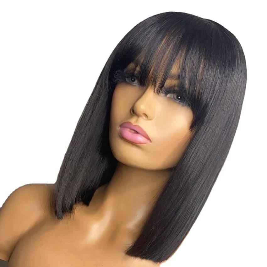 

Dropshipping Straight Bob Fringe Wig Wholesale Hair Supplier Human Hair Wigs With Bangs Short Bob Cut Lace Front Wigs for Women, Natural color ,#1 ,#1b