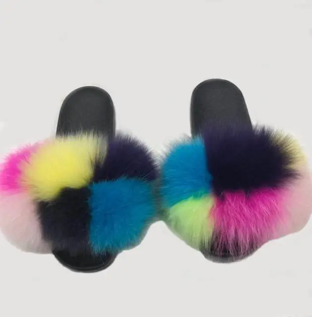 

Wholesale High Quality fluffy Women's Slippers real fox fur slides slippers sandals Natural Color Fur Slides, Single or mixed colors