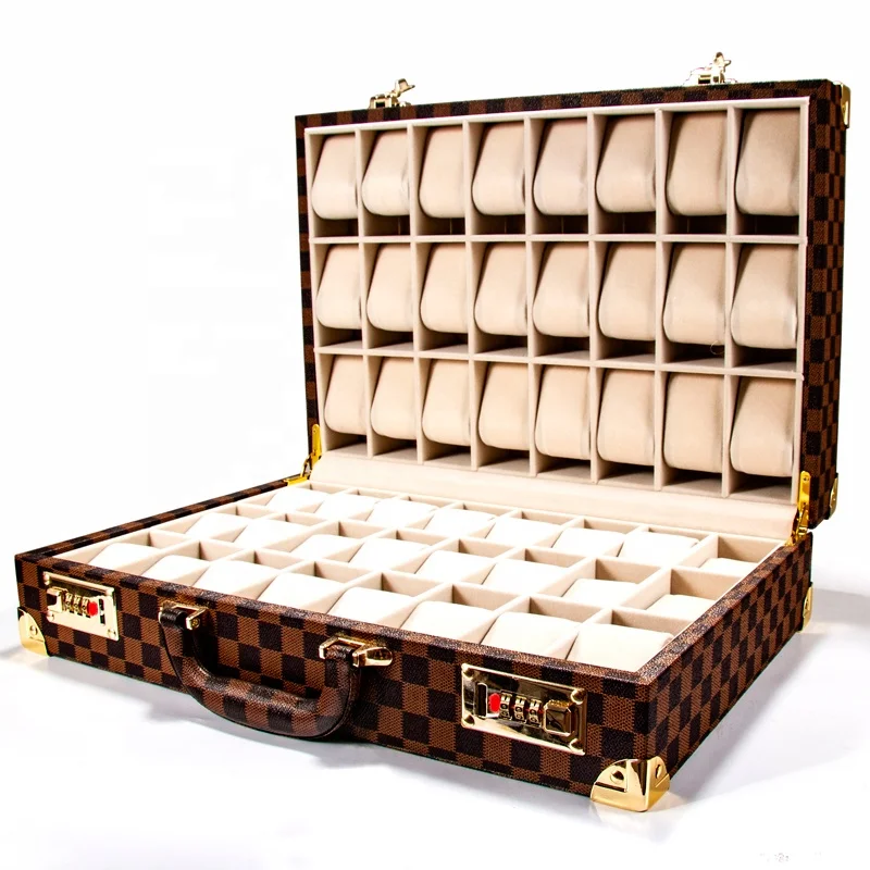 

Wholesale 1MOQ Watch Suitcase Organizer Leather Brown Travel 48 slot Bulk portable Watch storage box