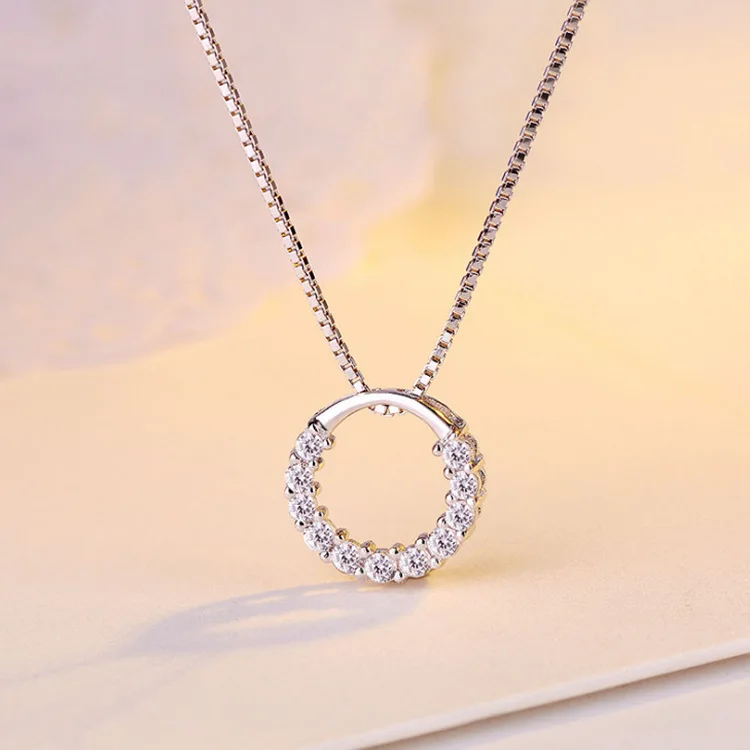 

New Fashion Jewelry 925 Sterling Silver Circle Pendant Necklace Geometric Cubic Zirconia Hollow Ring Pendant Necklace For Women