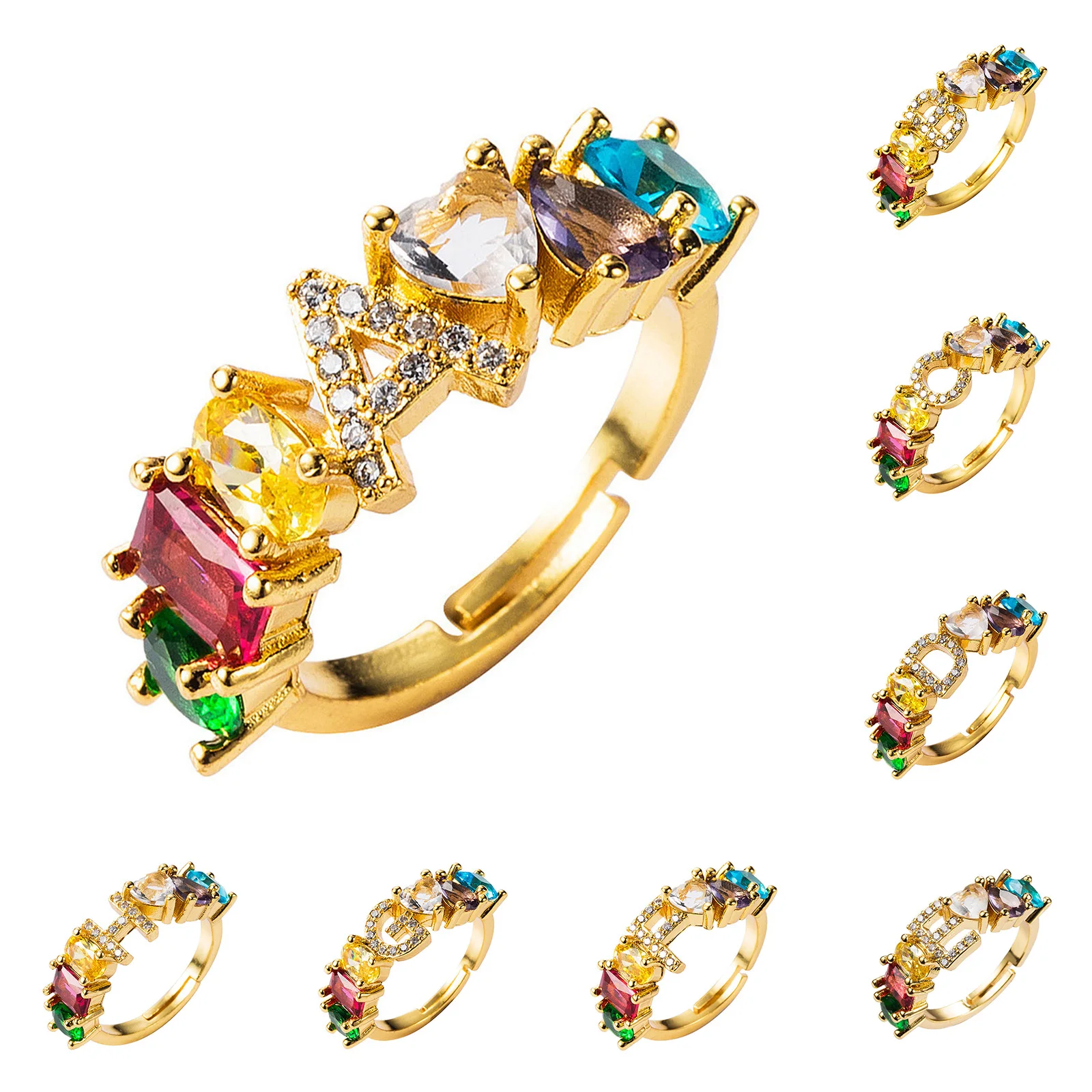 

Real Gold Plated Adjustable Rings Letter Colorful Zircon Alphabet Engagement Ring Open Jewelry