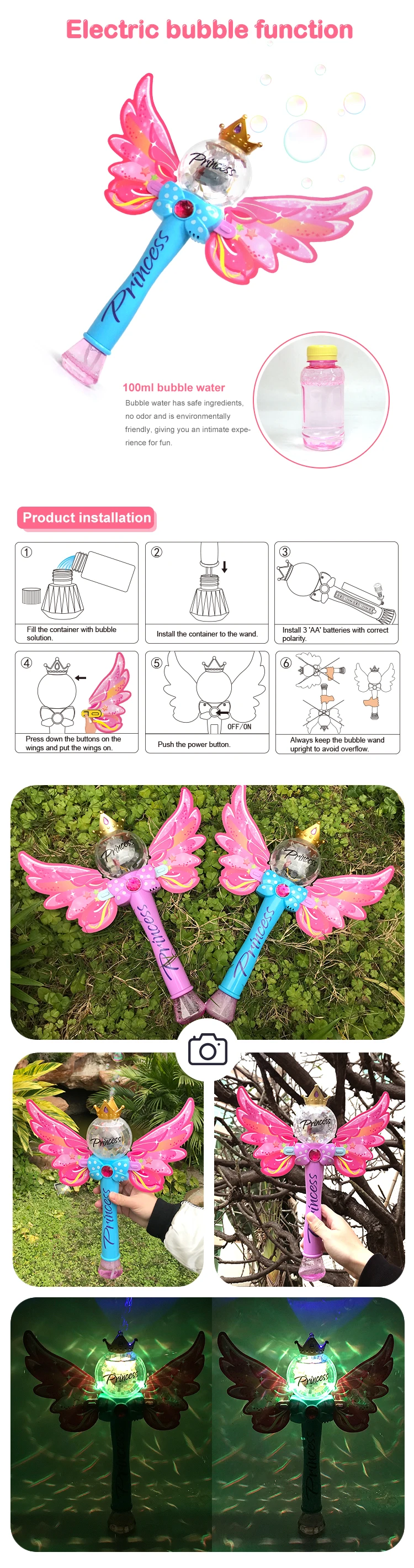 Newest design plastic fairy wand music&light bubble stick toy