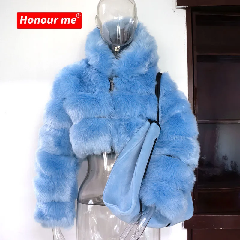 

Women Winter Fur Coat Faux Fox fur coat with Hood Fashion Short Style Patchwork Fleece Jacket Fake Fur Jacket Coat for Ladies, All color as show