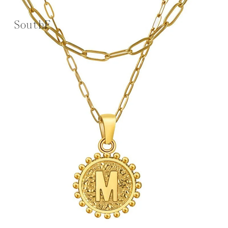 

Fine Tarnish Free Double Layered Cuban Chain Gold Plated A-Z Round Alphabet Necklace Stainless Steel Initial Letter Necklace