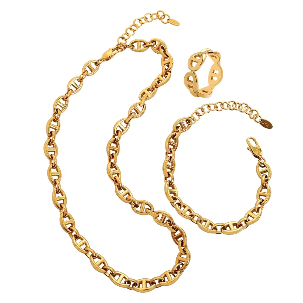 

High Cost-Effective New Hip Hop Thick Chain Necklace Bracelet Ring Jewelry Sets, Customized color