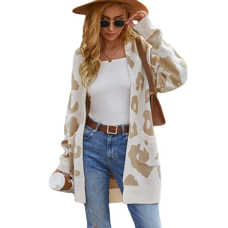 

2021 New Arrive Casual Leopard Long Sleeve V Neck Pullover Fall Women Cardigan Sweater