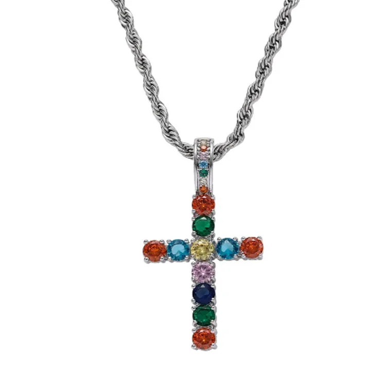 

18K White Gold Plated Cross Necklaces Jewelry Fashion Women Rainbow Stones Necklace