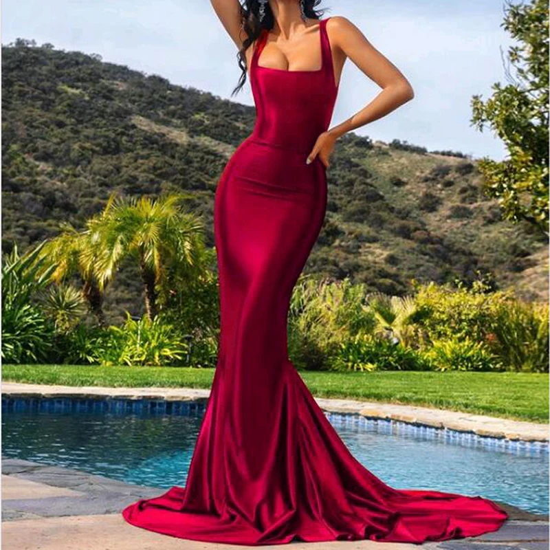 

Wedding Party Bridesmaid Evening Gown Women Sleeveless Square Neck Stretchy Satin Formal Event Floor Length Mermaid Maxi Dress
