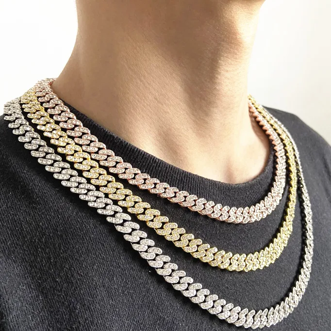 

Hip Hop 9mm Cuban Link Chain Men Iced Out Bling Cuban Chain Rhinestone Chaine Homme Fashion Jewelry Wholesale, Custom colors accepted