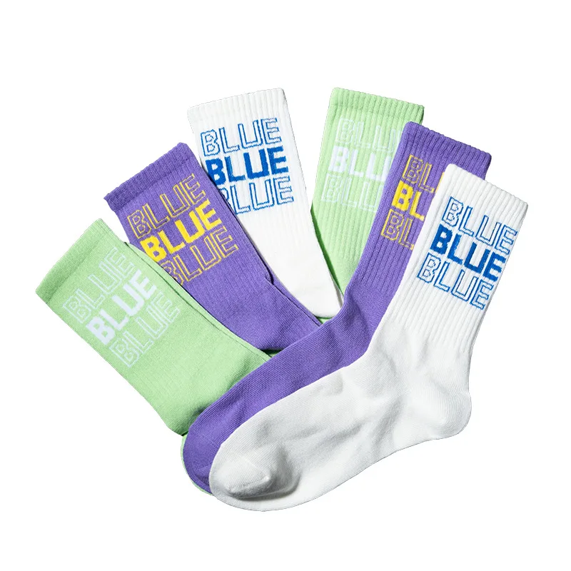 

Hipster personalized athletic men women custom jacquard logo BLUE middle calf absorbent cotton breathable crew socks