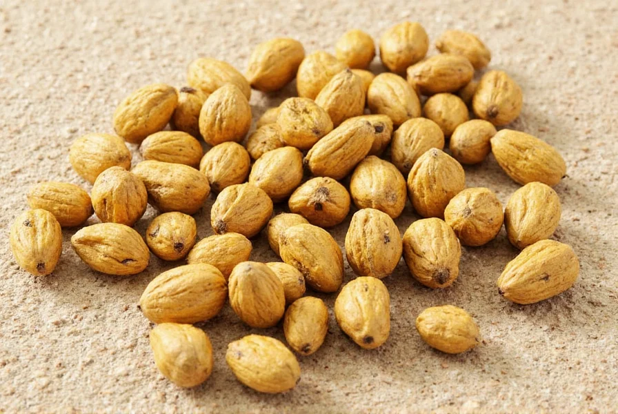 Close-up photograph of black mustard seeds showing their tiny size compared to a ruler, with a mature mustard plant in the background