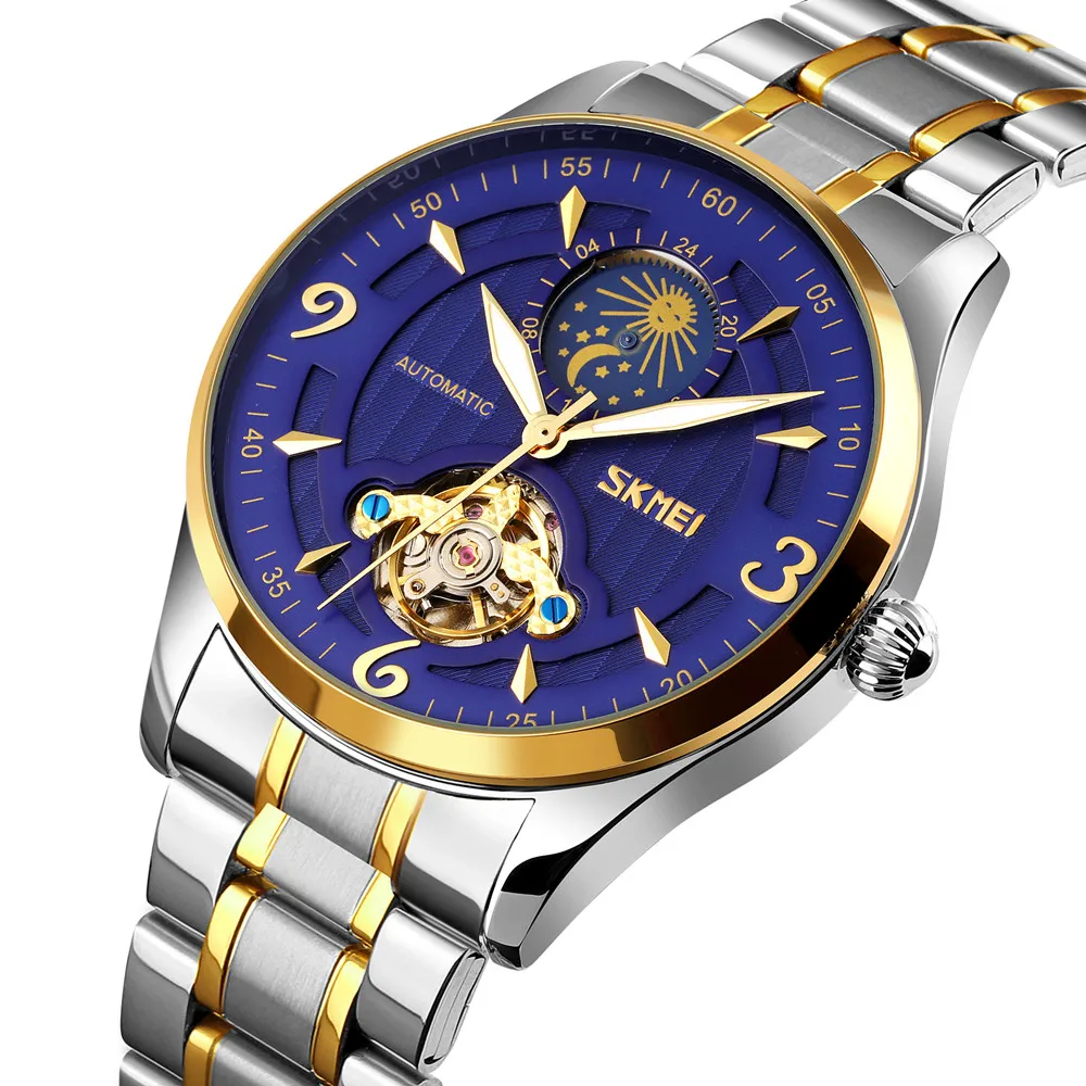 

Top Brand SKMEI 9239 Moon Phase Automatic Watch Men Stainless Steel Quartz Mechanical Wristwatch