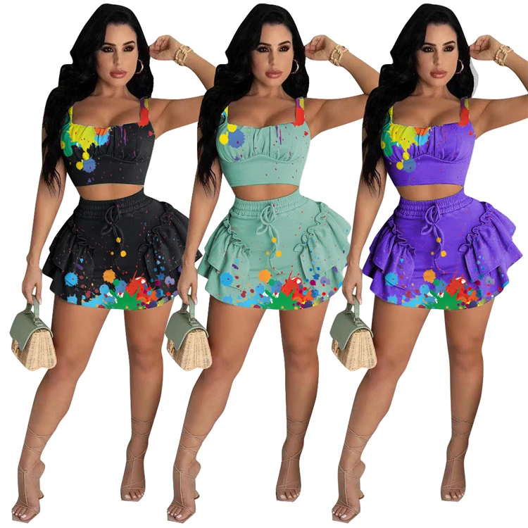 

DUODUOCOLOR Sexy two piece set summer fashion crop top printing sleeveless drawstring two piece sets lace D97973