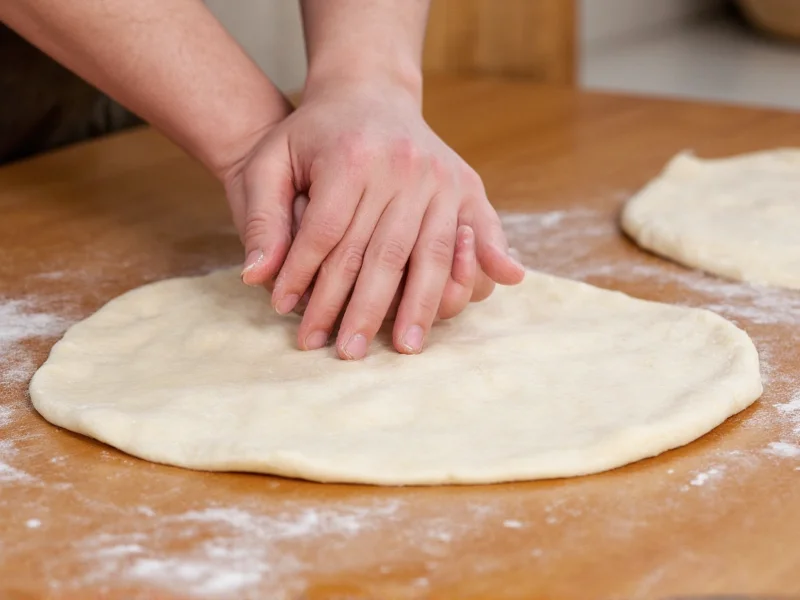 Hand kneading soft tortilla dough on wooden surface