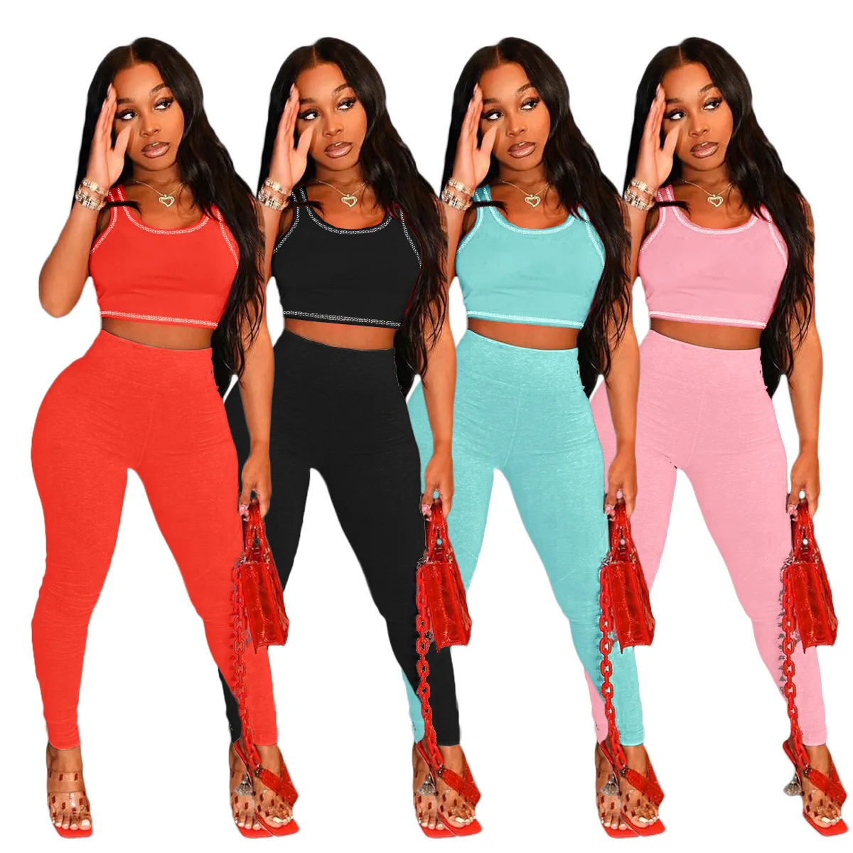 

Solid Color Sportswear Sleeveless Vest Yoga Crop Tops Leggings Women Clothing Summer Two Piece Set