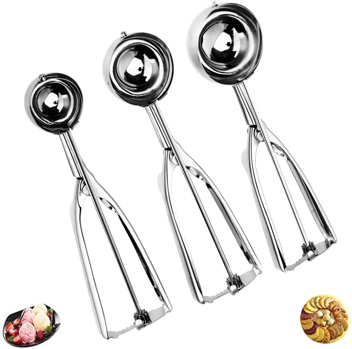 

Dishwasher Safe Cookie Scoop Stainless Steel Ice Cream Scoops Set with Trigger Realse, Silver