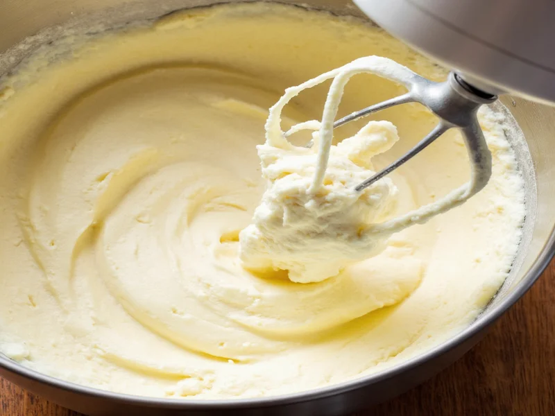 Homemade vanilla buttercream in mixing bowl