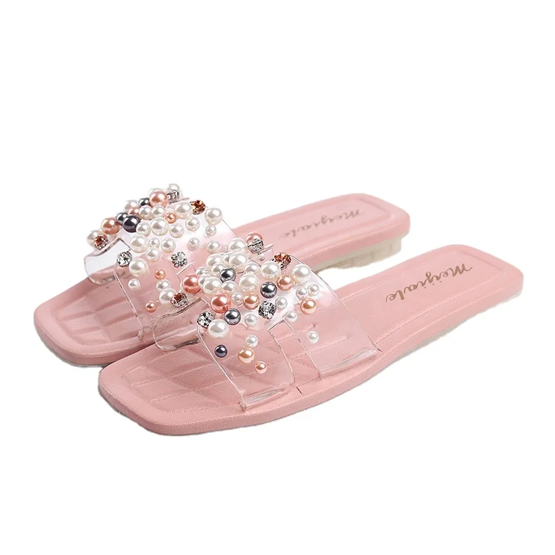 

Wholesale PVC slide women mules fashion dress shoes outdoor indoor ladies heel slippers flat shoes with crystal diamond, As picture or customized color